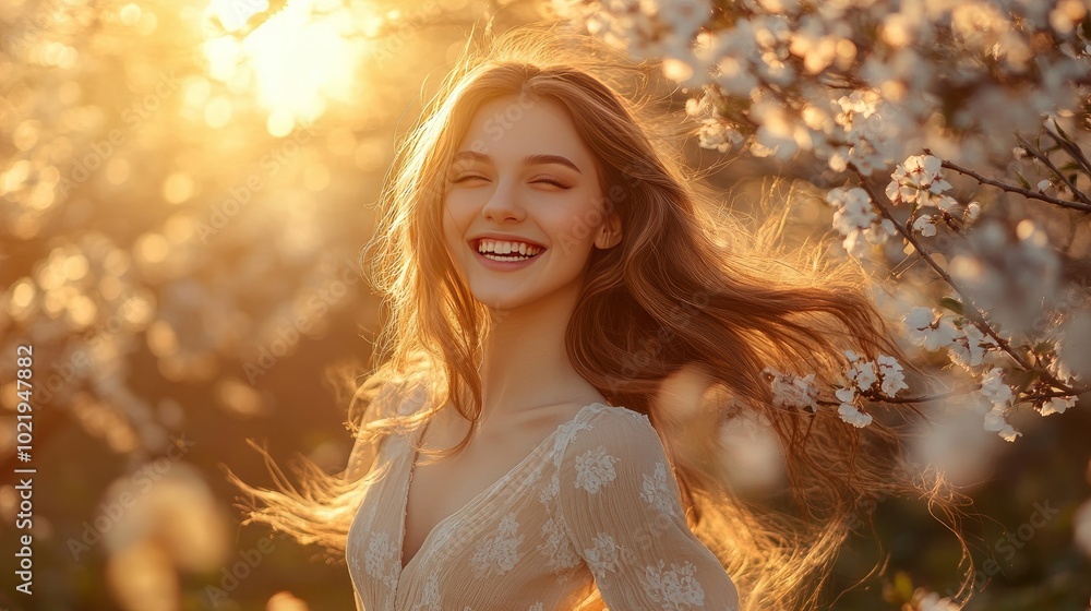 A young woman enjoying herself in a blossoming garden next to a cherry apple tree at dusk, dressed elegantly in beige. Long-haired girl grinning while at the park A young woman enjoying herself in a blossoming garden next to a cherry apple tree at dusk, dressed elegantly in beige. Long-haired girl grinning while at the park