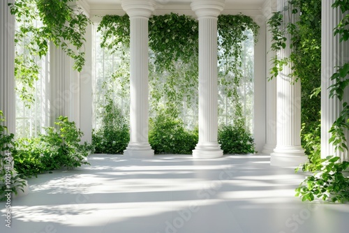 Elegant White Stage with Columns and Greenery