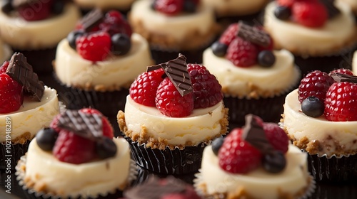 A tray of mini cheesecakes topped with fruit and chocolate.