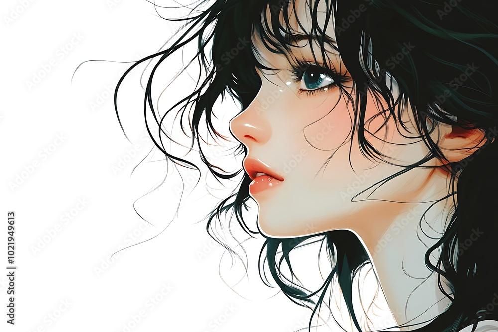 Anime girl with black hair and blue eyes looking to the side with white background Anime girl with black hair and blue eyes looking to the side with white background