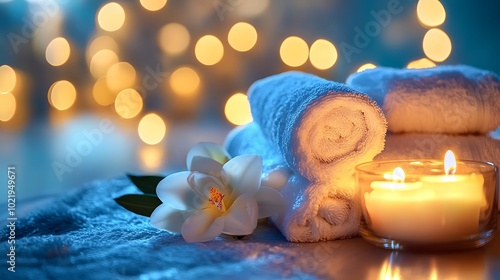 Spa treatment with towels, candles, and flower on a blue surface.