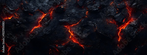 A top-down view of the dark, jagged surface of an erupting volcano with lava flowing down it