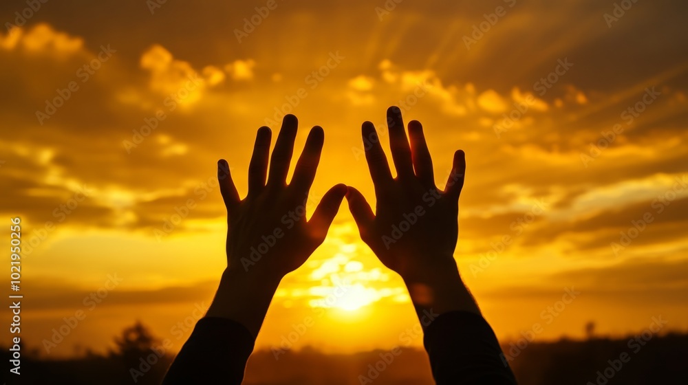 Hands reaching toward the sky, silhouetted against the backdrop of a golden sunset. generative ai Hands reaching toward the sky, silhouetted against the backdrop of a golden sunset. generative ai