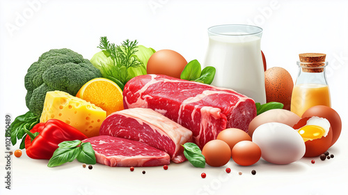 Fresh Produce, Quality Meat, Eggs & Selenium Elements in Business Illustration Style - Healthy Food Concept