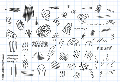 Various scribbles and squiggles vector set. Isolated hand drawn lines by blue ink pen. Funny doodle design elements, strokes, underlines, curves. Line shapes, rainbows, twirls and crosses