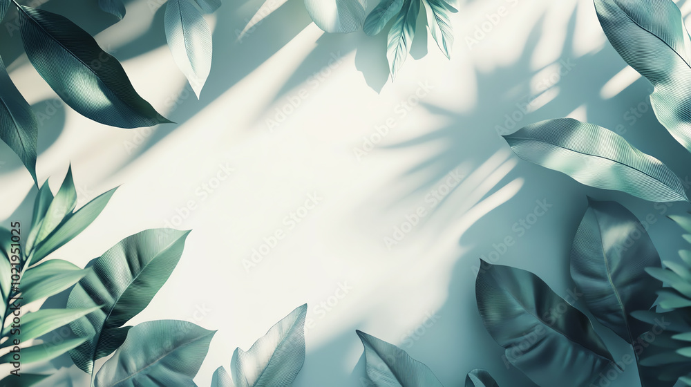 Elegant arrangement of green leaves casting shadows on a light background, creating a serene and natural atmosphere. Elegant arrangement of green leaves casting shadows on a light background, creating a serene and natural atmosphere.