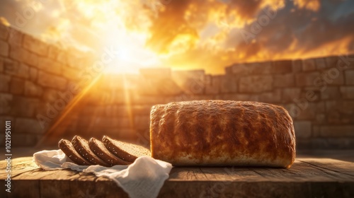 loaf of bread on table, sacred gatherings, jewish cultural heritage, sacred moments and holiday blessings photo