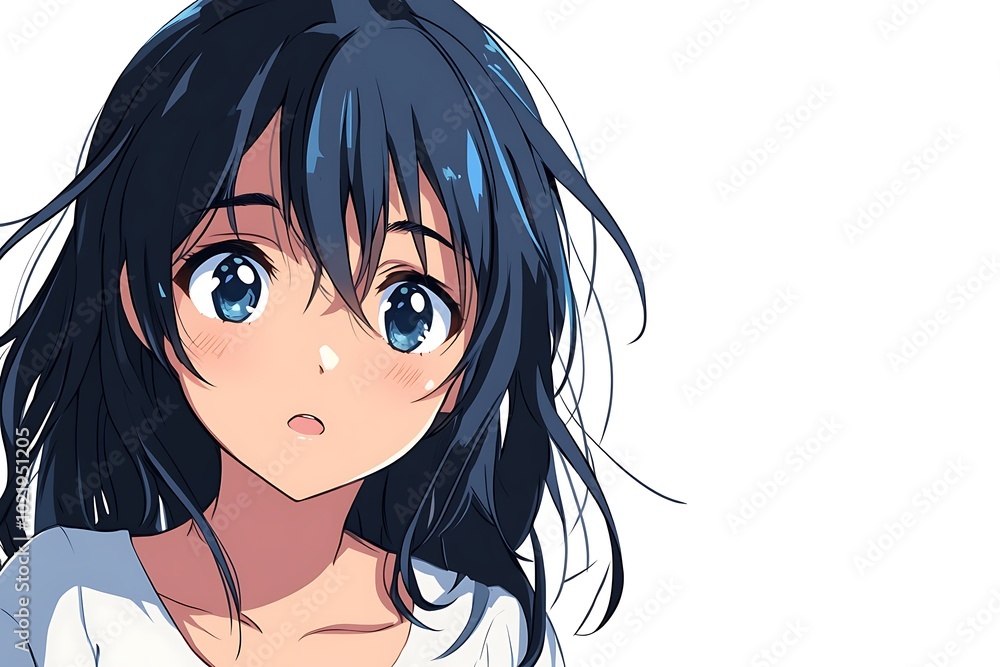 Anime girl with blue eyes and black hair looking up with curious expression Anime girl with blue eyes and black hair looking up with curious expression
