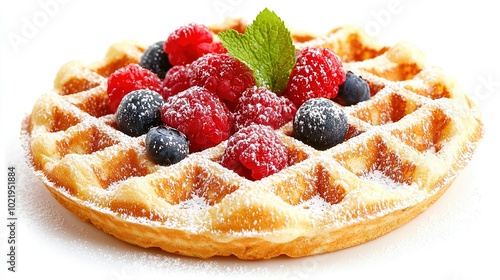  A waffle topped with raspberries, blueberries, and mint leaves