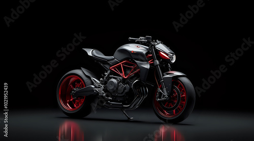 Isolated chrome motorcycle wheel with red spokes against a black background futuristic motorcycle
