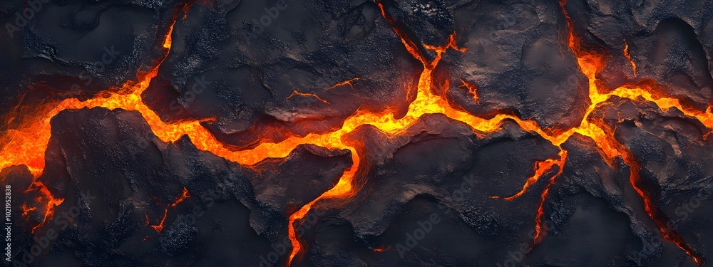 A top-down view of the dark, jagged surface of an erupting volcano with lava flowing down it A top-down view of the dark, jagged surface of an erupting volcano with lava flowing down it