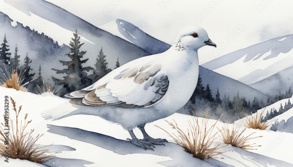 Watercolor white pigeon with serene pose standing in snowy winter landscape Watercolor white pigeon with serene pose standing in snowy winter landscape