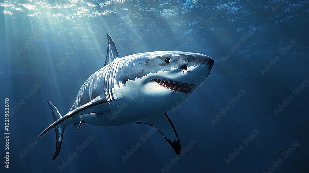 Fototapeta premium A Great White Shark glides through water below the surface, sunbeams filtering upwards