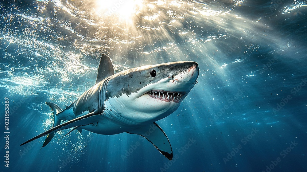 Fototapeta premium A great white shark glides beneath the water's surface as sunlight filters through above