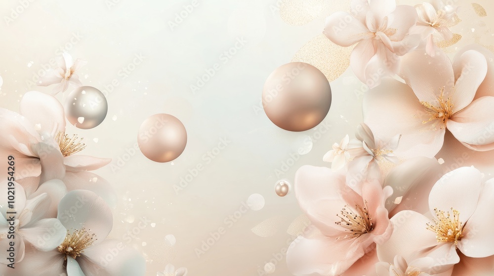 Obraz premium A serene floral background featuring soft blossoms and elegant spheres, ideal for design projects.