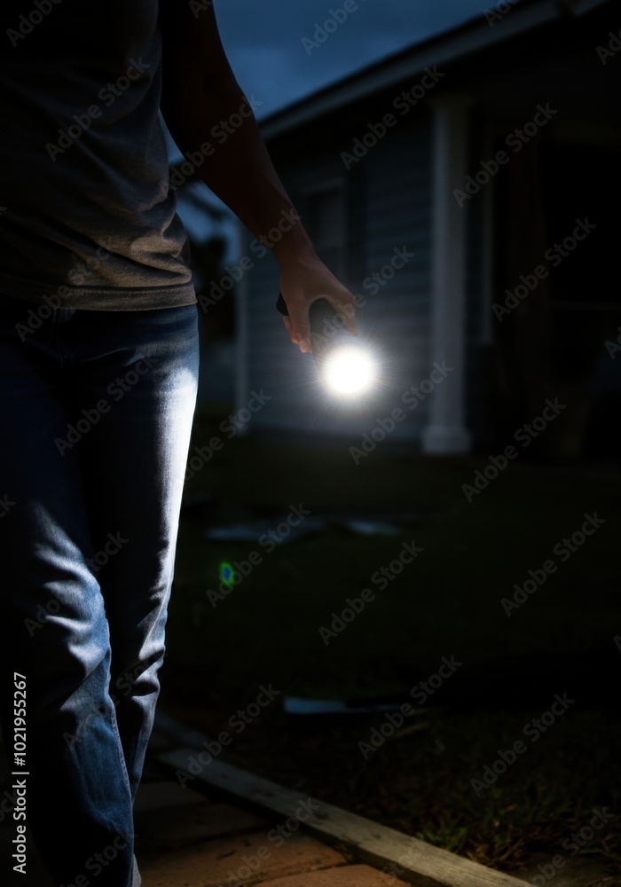 Fototapeta premium Exploring a dimly lit path with a flashlight at night