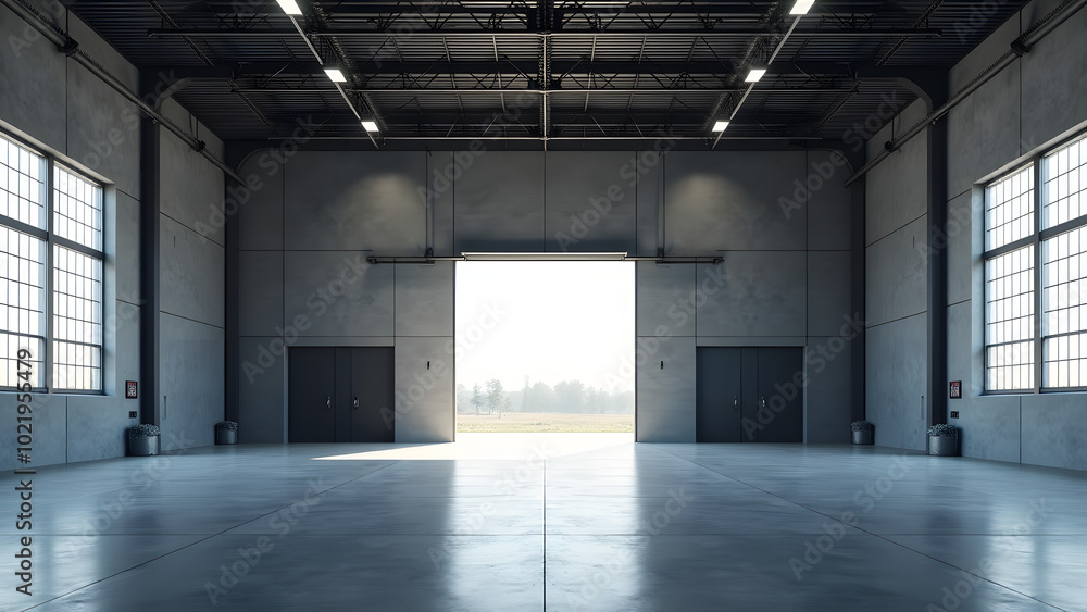 An Elegant and Sophisticated Modern Building with Two Doors Set in a Spacious Hangar An Elegant and Sophisticated Modern Building with Two Doors Set in a Spacious Hangar