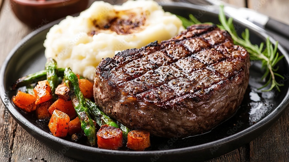 A juicy grilled steak served with creamy mashed potatoes and sauteed vegetables on a rustic plate. A juicy grilled steak served with creamy mashed potatoes and sauteed vegetables on a rustic plate.