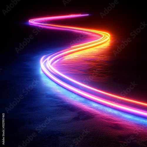 Wavy neon lights in orange and blue create a futuristic and dynamic energy on a dark background