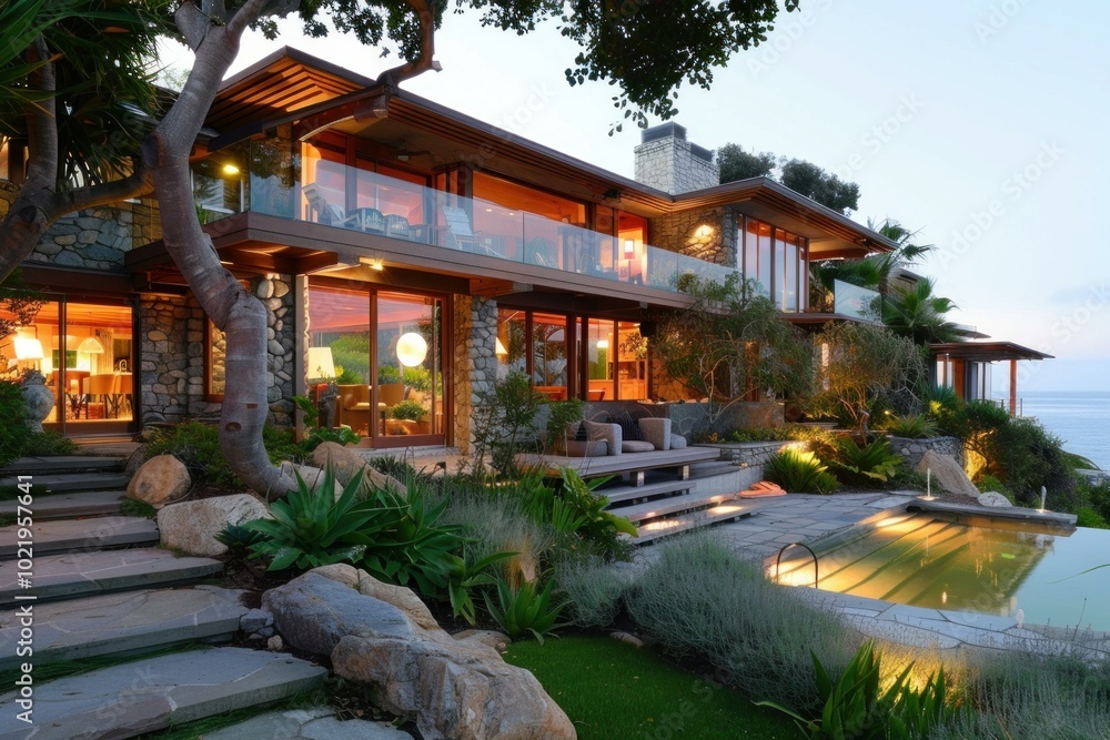 Luxurious modern home overlooking the ocean is glowing at sunset with the pool illuminated Luxurious modern home overlooking the ocean is glowing at sunset with the pool illuminated