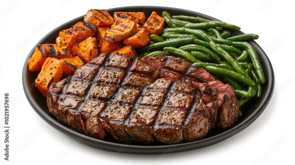 A beautifully prepared grilled steak rests on a white plate, accompanied by fresh green beans and roasted orange sweet potatoes, inviting a delicious meal A beautifully prepared grilled steak rests on a white plate, accompanied by fresh green beans and roasted orange sweet potatoes, inviting a delicious meal