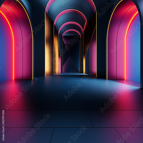 A glowing hallway with arches and neon lighting gives a sci-fi and futuristic atmosphere