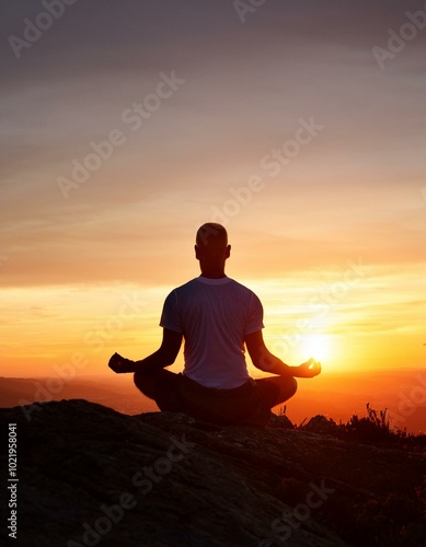 Man meditating at sunset