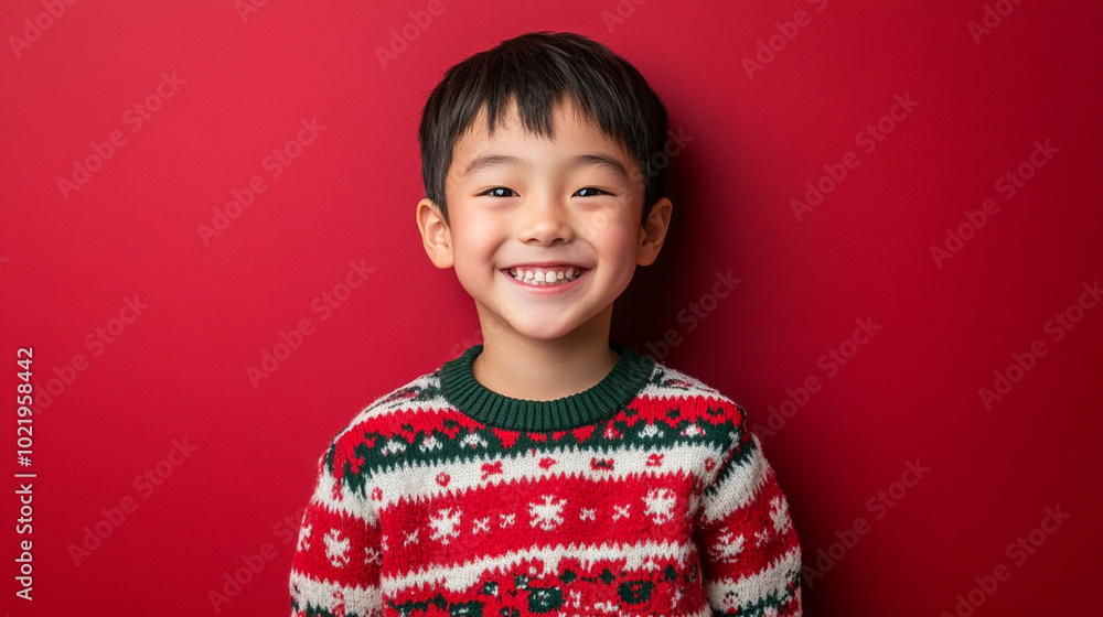 Xmas vibes - cute kid child asian boy wearing christmas outfit smiling at the camera. Horizontal banner Xmas vibes - cute kid child asian boy wearing christmas outfit smiling at the camera. Horizontal banner