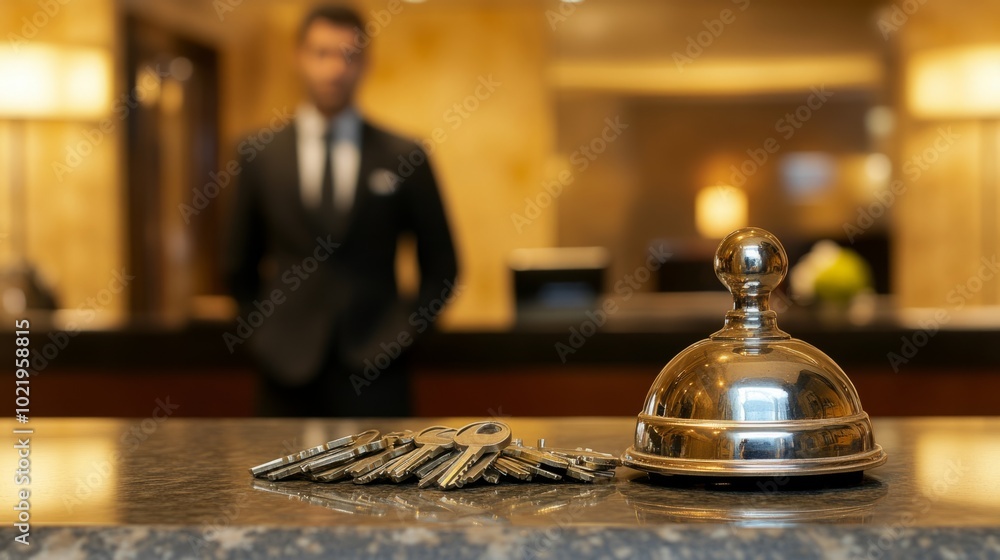 Hotel bell surrounded by keys at the reception desk. generative ai Hotel bell surrounded by keys at the reception desk. generative ai
