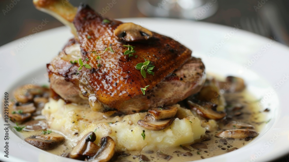 Succulent Duck Leg with Creamy Gratin and Rich Mushroom Sauce Succulent Duck Leg with Creamy Gratin and Rich Mushroom Sauce