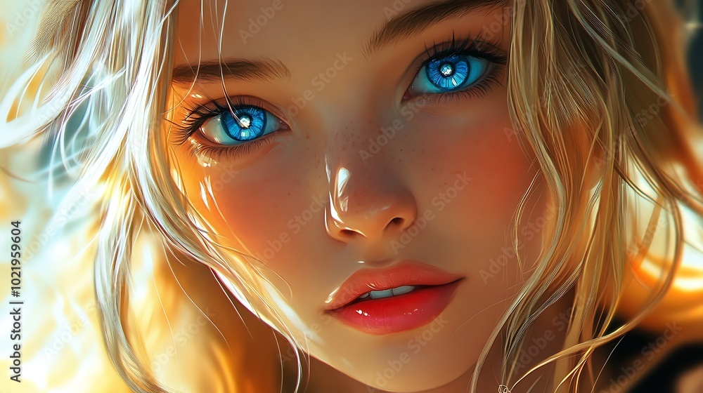 Fototapeta premium Closeup Portrait of Woman with Bright Blue Eyes