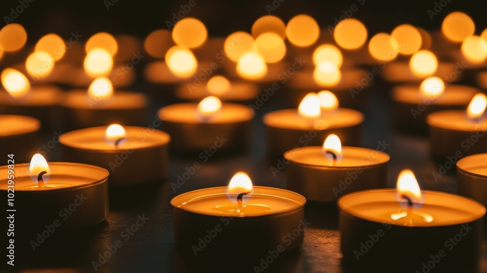 A serene display of lit candles creating a warm, peaceful ambiance. A serene display of lit candles creating a warm, peaceful ambiance.