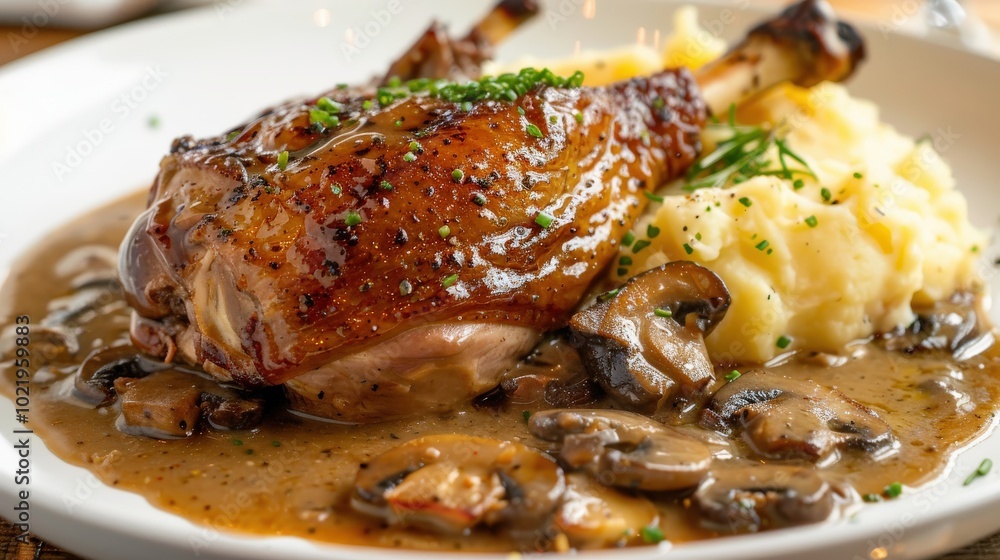 Succulent Duck Leg with Creamy Gratin and Rich Mushroom Sauce Succulent Duck Leg with Creamy Gratin and Rich Mushroom Sauce