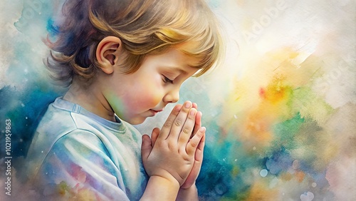 Child praying with closed eyes in soft glowing light. Watercolor.