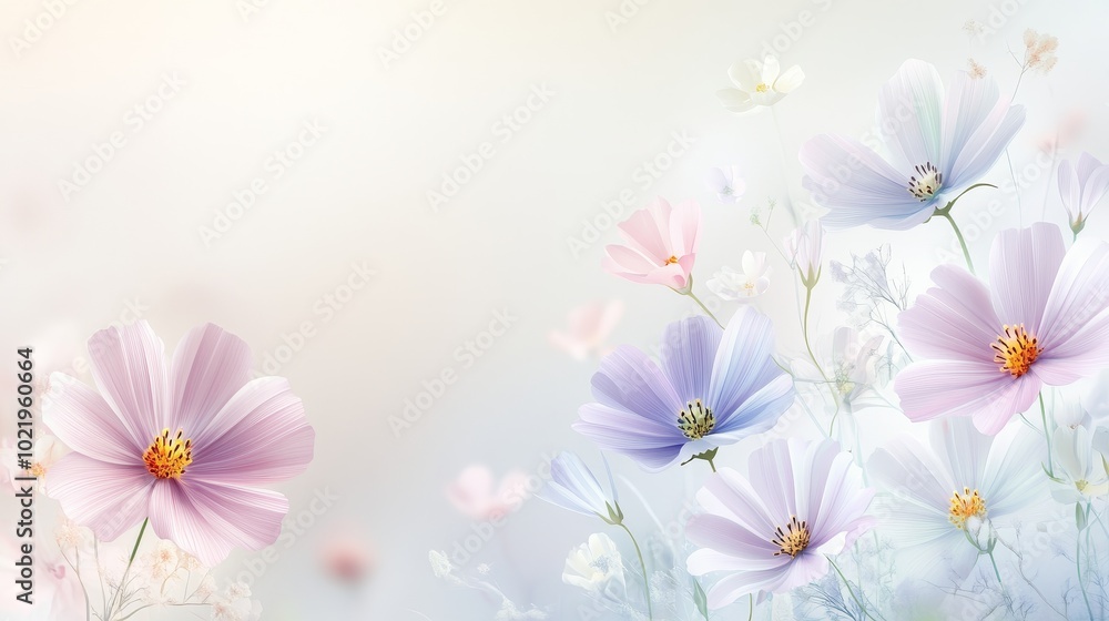 Obraz premium A soft, pastel floral background featuring delicate blooms in shades of pink and purple, creating a serene atmosphere.