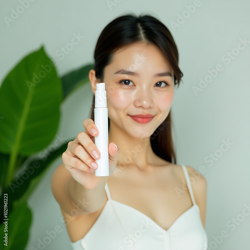 Asian model woman holds white tube pointing towards camera. She wears a white dress with rich green leaves in background. Beauty studio promo photo with copyspace and face on right side