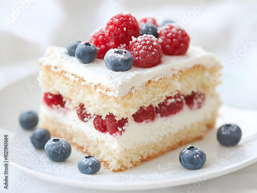 Delicious Raspberry and Blueberry Cake with Cream Filling on a White Plate