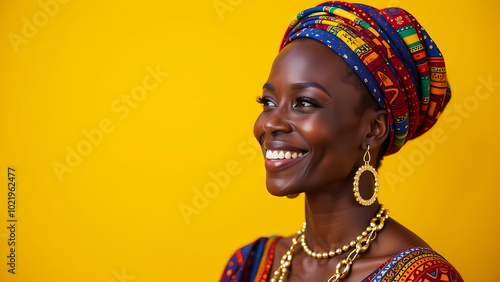 Vibrant 30s African woman in traditional attire, smiling radiantly. Portrait on solid bright yellow background. Ideal for cultural festivals, travel agencies, fair trade products