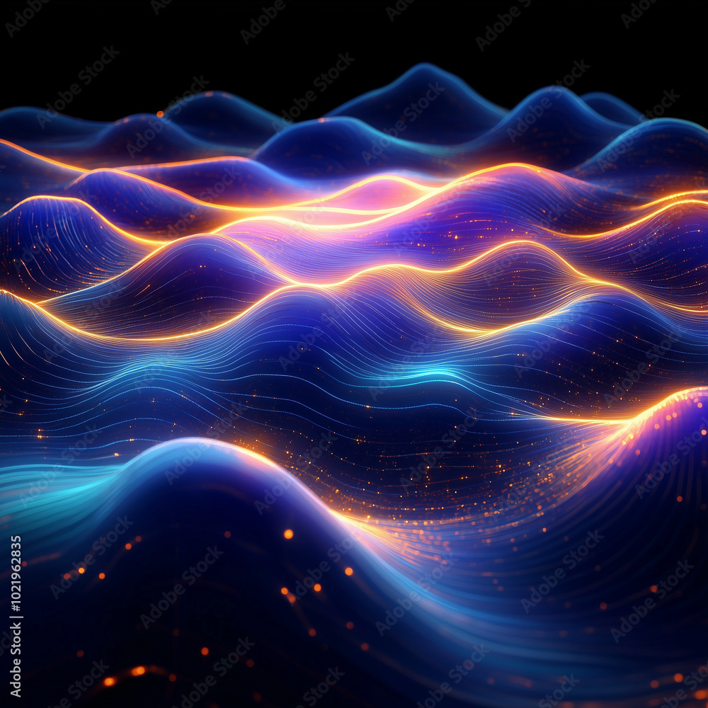 custom made wallpaper toronto digitalWavy neon lines in shades of blue and orange ripple through the dark, creating a vibrant and futuristic energy across the digital landscape
