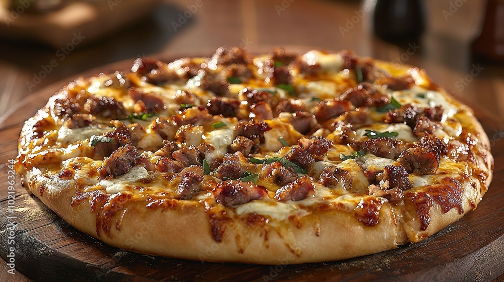 A delicious pizza topped with savory meat, cheese, and herbs, served on a wooden platter for a rustic dining experience. A delicious pizza topped with savory meat, cheese, and herbs, served on a wooden platter for a rustic dining experience.
