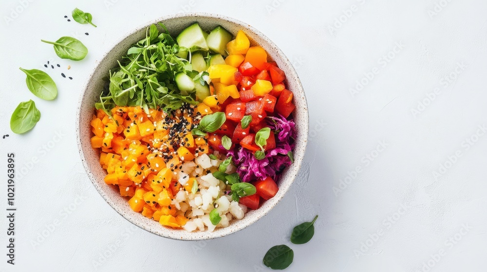 Bowl of vegan poke bright background clean layout minimal elements copy space Bowl of vegan poke bright background clean layout minimal elements copy space