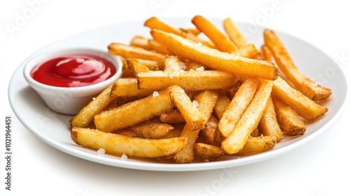  A plate of French fries with ketchup on a white table