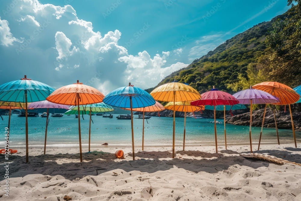 Fototapeta premium Turquoise water laps at a pristine beach lined with colorful umbrellas