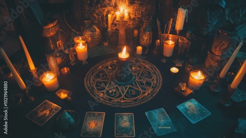 Altar filled with occult symbols, candles  in a circle, Tarot cards, mysterious and mystical vibe