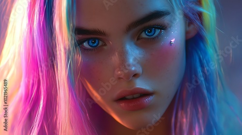 Close up portrait of a woman with blue eyes and pink hair under colorful neon lights.