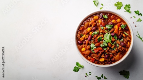 Bowl of vegan chili bright background clean layout minimal elements copy space