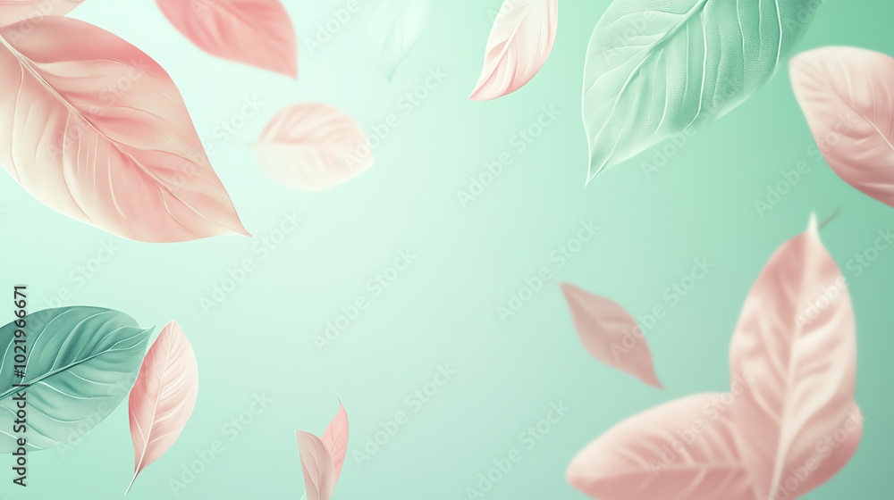 A scenic view of soft pastel leaves gently falling against a serene mint green background, evoking a sense of tranquility and nature's beauty. A scenic view of soft pastel leaves gently falling against a serene mint green background, evoking a sense of tranquility and nature's beauty.