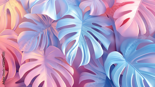 A vibrant arrangement of tropical monstera leaves featuring shades of pastel pink and blue, ideal for backgrounds and nature-themed designs.