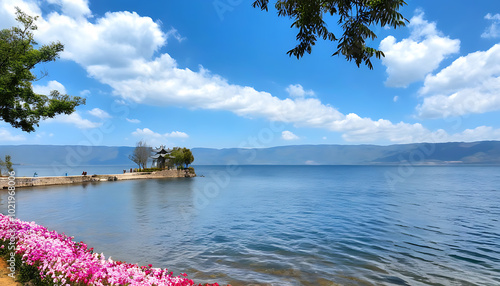 A beautiful canvas of Chengjiang Fuxian Lake with lakes, blue sky and flower fields. photo