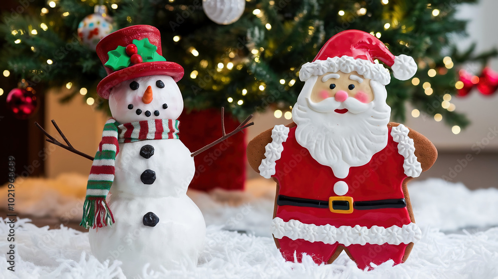 A festive Christmas scene with a snowman and a gingerbread Santa. There is a tree in the background with ornaments and lights. A festive Christmas scene with a snowman and a gingerbread Santa. There is a tree in the background with ornaments and lights.